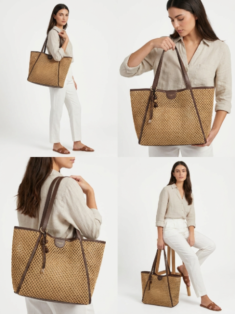 Grand Sac Cabas Tressé Ajouré avec Finitions Marron - Flora & Co
