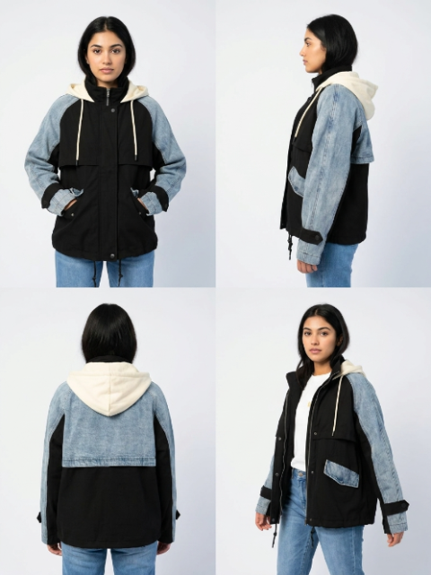 Veste Bicolore Noire et Empiècements Denim à Capuche
