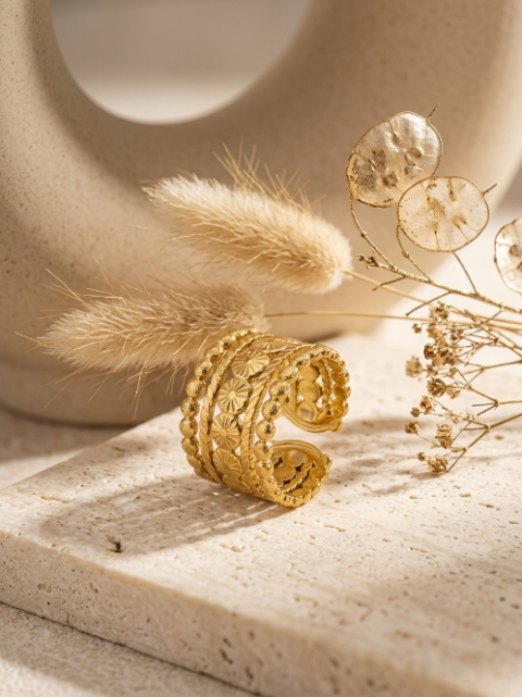 Bague Large Ajustable aux Motifs Soleil et Perlés