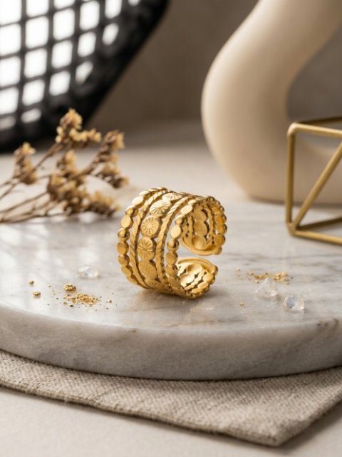 Bague Large Ajustable aux Motifs Soleil et Perlés