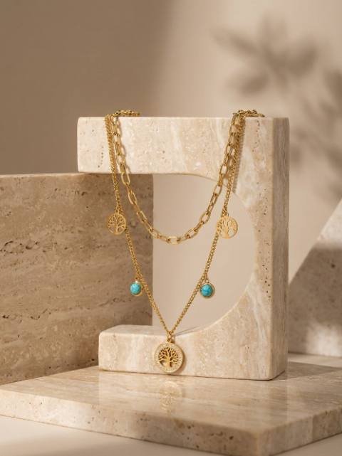 Collier Lariat Doré Triple Arbre de Vie