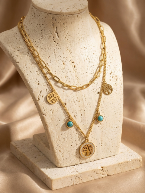 Collier Lariat Doré Triple Arbre de Vie